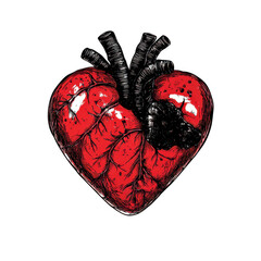 Realistic red human heart anatomy drawing isolated on transparent background