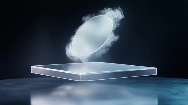 The Futuristic Tech Concept: A captivating abstract representation of modern technology, with a sleek, minimalist design. An isolated levitating transparent device, wrapped in ethereal vapor.