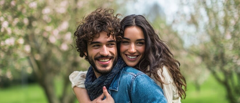 The joyful couple enjoying a spring day in a blossoming park.