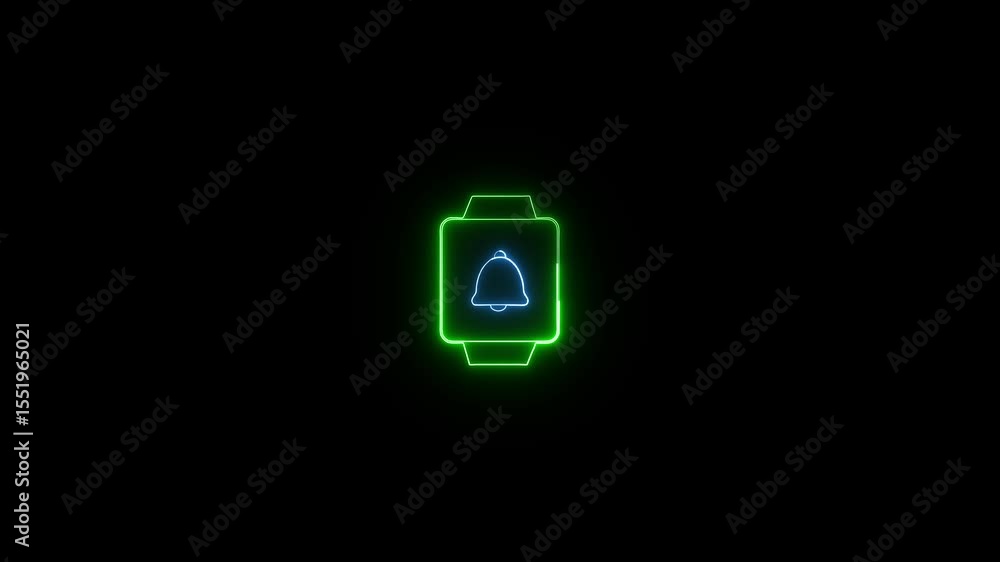 Poster animated neon smartwatch notification icon on black background simple design