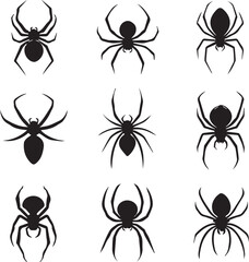 Silhouettes of black spiders Halloween shape on white background