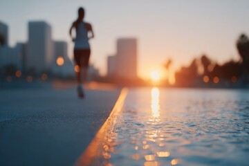 portrait of barefoot runner crossing urban plaza fountain at sunset