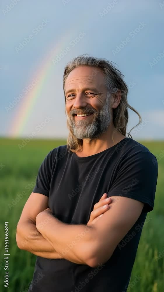 Poster a man with a beard and long hair is standing in a field with a rainbow in the background. he is smil