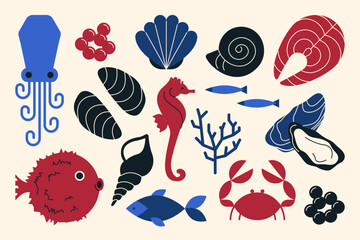 Seafood set. Abstract fish and underwater animal icons, aquarium sea fish mollusk shapes, crab oyster salmon fugu octopus. Vector isolated marine collection