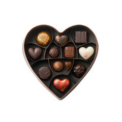 Assorted gourmet chocolates in heart shaped box isolated on transparent background