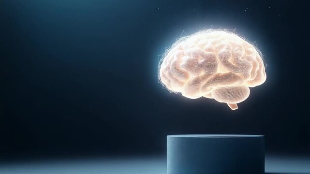 Glowing Brain on Pedestal: A luminous, translucent brain hovers above a simple pedestal, radiating a soft, warm light against a dark background. The image suggests intelligence, innovation.