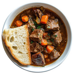 Beef stew with bread in bowl isolated on transparent background