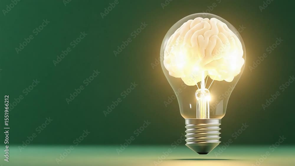 Poster illuminating ideas: a conceptual image showcasing a light bulb with a glowing brain inside, symboliz