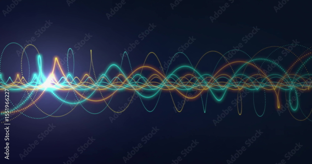 Poster displaying intertwined turquoise and amber waveforms oscillating on navy display, with glowing dots