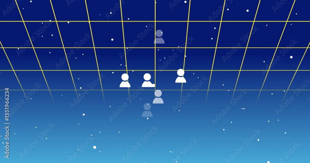 Poster floating user avatar icons clustering over yellow grid in virtual network, with data points