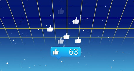 Fototapeta premium Hovering blue speech bubble counter showing 63 above yellow grid with white stars, thumbs-up icons