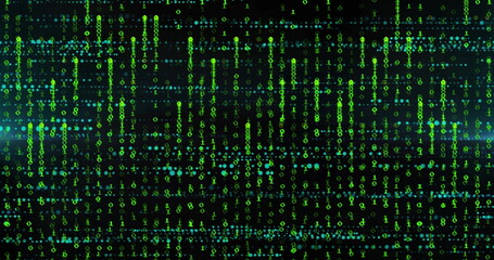 Streaming green binary digits cascading in virtual digital space, with vertical data streams