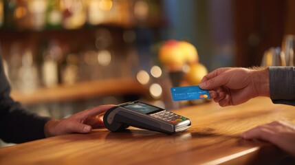 The payment process at a bar with a contactless card transaction.