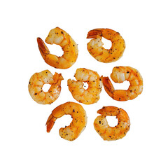 Seven cooked shrimp isolated on transparent background