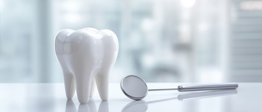 The pristine dental tooth model alongside dental instruments in a modern clinic. - Powered by Adobe