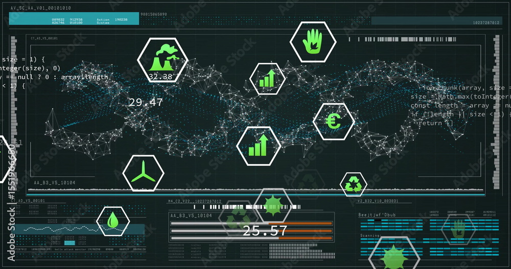 Aufkleber displaying network flowing helix on dark dashboard, with neon hex icons and numeric readouts