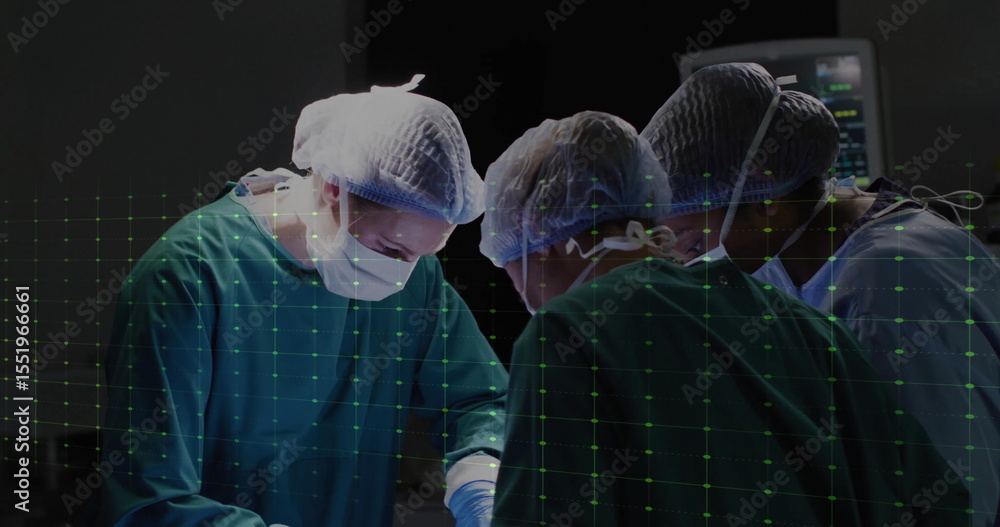 Poster three surgeons positioning instruments over draped table in operating room, ar grid overlay