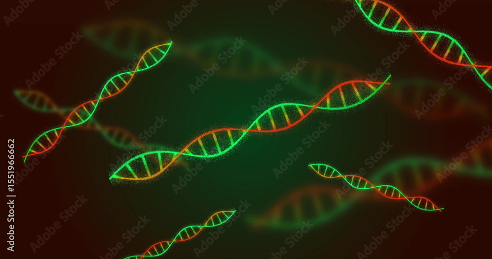 Aufkleber displaying central glowing dna helix floating in lab graphic design, with green and red models