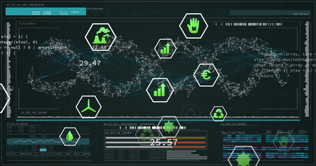 Displaying network flowing helix on dark dashboard, with neon hex icons and numeric readouts