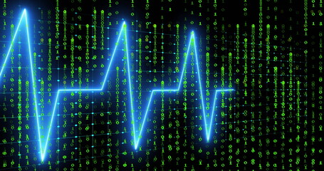 Streaming green binary digits in cyberspace visualization, pulsing neon-blue ECG-waveform