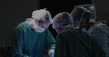 Three surgeons positioning instruments over draped table in operating room, AR grid overlay