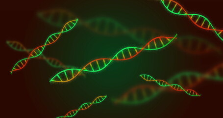 Displaying central glowing DNA helix floating in lab graphic design, with green and red models
