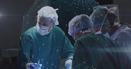 3 surgeons in green scrubs performing surgery in operating room, with scalpel and network overlay