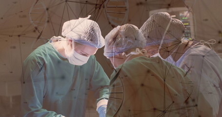 Operating surgical team collaborating in operating room with scrubs, scalpels, network overlay