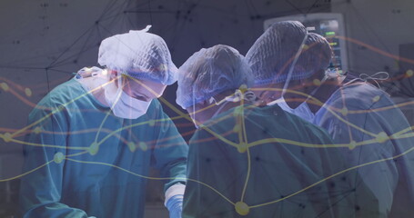 Surgeons in green scrubs operating on patient in operating room, with data overlay
