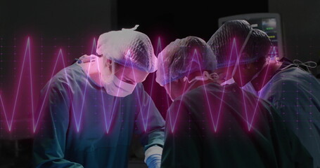 Performing surgery three surgeons leaning over table in surgery room, with scalpel and ECG waveform
