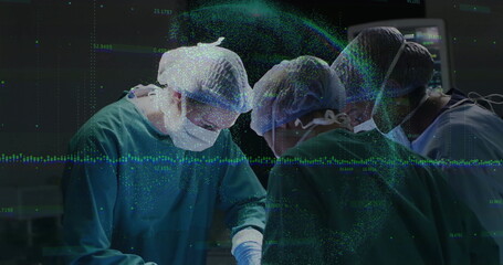 Surgical team in green scrubs and masks performing procedure in operating room, with data overlays