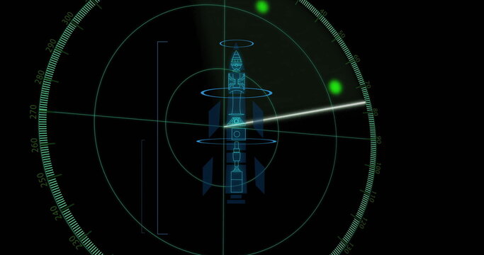 Sweeping cockpit radar grid interface displaying luminous scan, green blips and rocket schematic