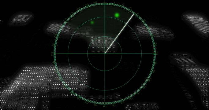Showing circular radar interface scanning beam in digital panel, with green blips, dotted grids