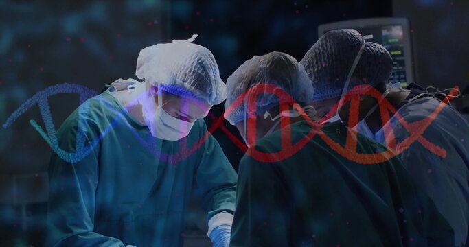 Operating surgical team in scrubs focusing on patient in sterile operating room, with DNA overlay