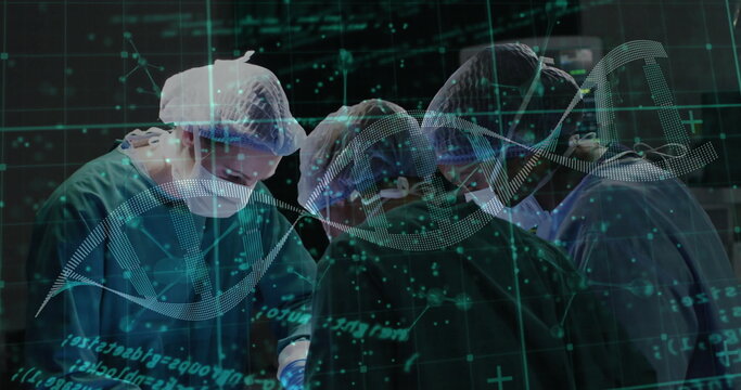 Performing surgery five surgeons wearing scrubs on table in OR under light, with DNA overlay
