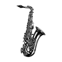 Obraz premium Saxophone sketch engraving black and white outline. Scratch board imitation.
