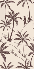 A seamless pattern with a person walking on a hill, surrounded by palm trees and tropical plants, in a beige background