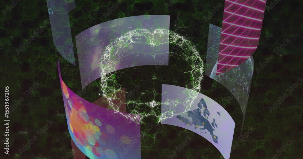Poster rotating central glowing network sphere showing curved panels with data over dark green hex grid