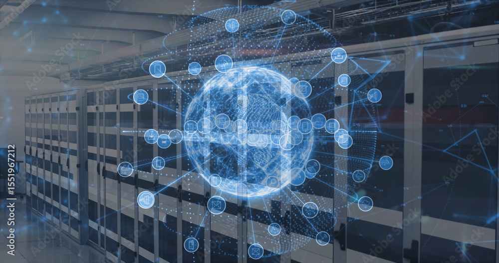 Poster floating sphere mapping network nodes inside data center, with server cabinets or switches or trays