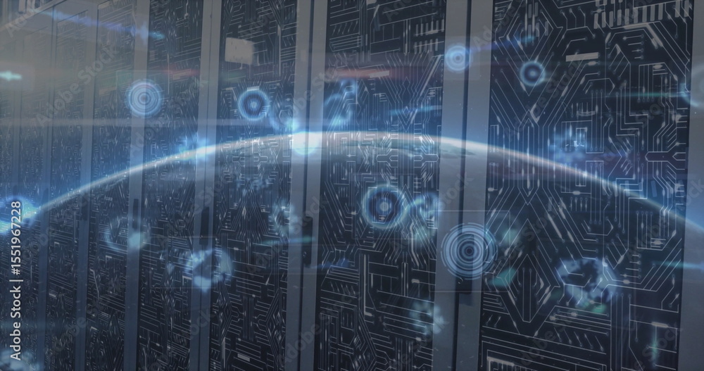 Poster rendering server racks with circuit overlay, and floating network nodes lining server room aisle