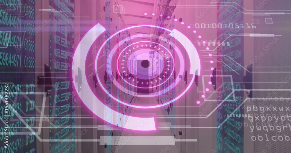 Aufkleber floating circular interface overlay in data center aisle, with server racks, leds, numeric data