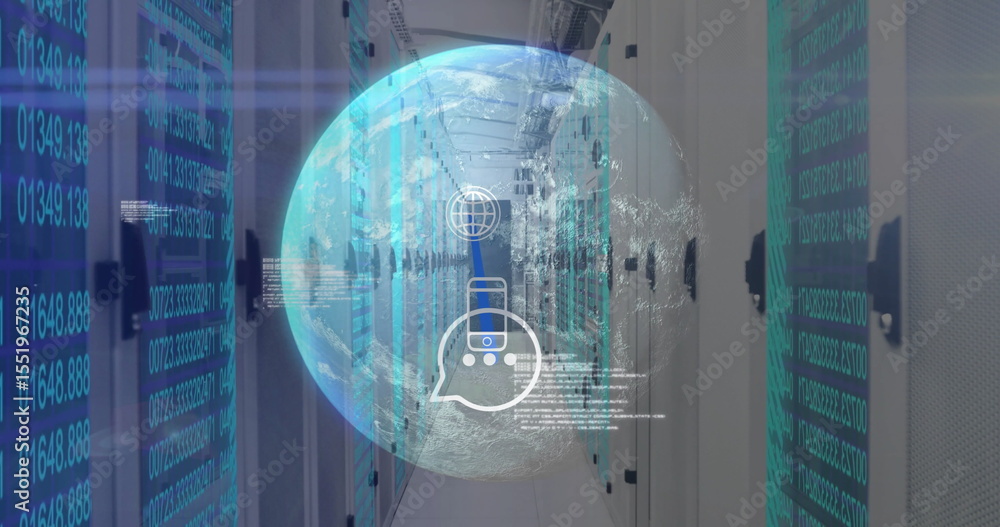 Poster displaying hologram globe with phone network icon, code in data center corridor with blinking racks