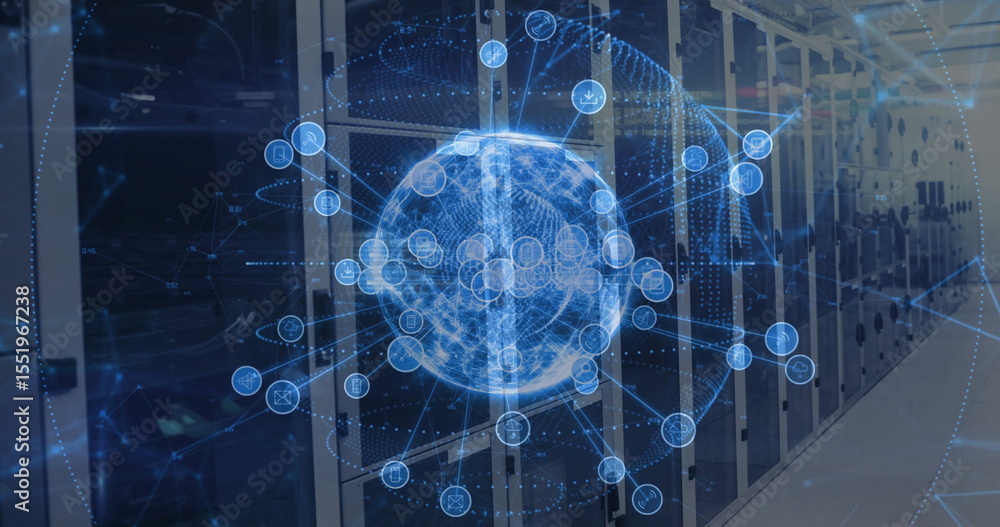Poster projecting holographic globe with network nodes in data center corridor, with server racks and leds