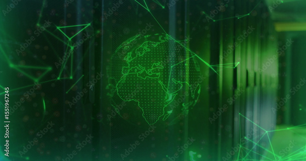 Aufkleber holographic digital globe glowing in data center corridor, with server racks and network nodes