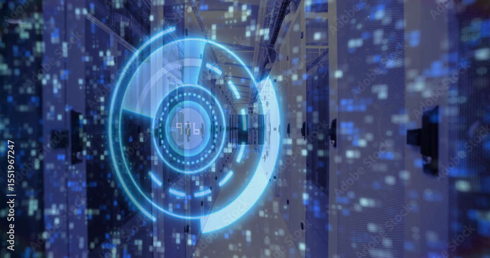 Poster holographic interface floating in data center, with server racks under led-lit trays with data bits