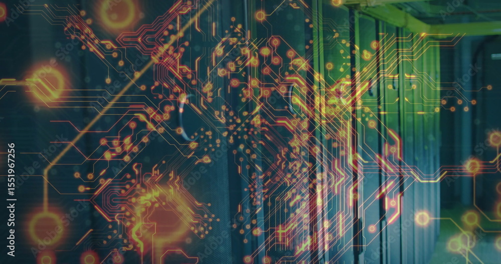 Poster displaying digital circuit overlay pulsing through data center corridor, with server racks, cables