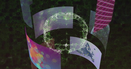 Rotating central glowing network sphere showing curved panels with data over dark green hex grid