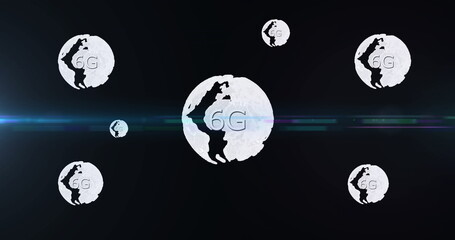 Displaying stylized 6G globe icons on dark gradient background, with multicolored light streak