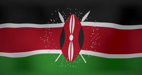 Maasai shield and crossed spears appearing in wavy Kenyan flag graphic, with scattered white pixels
