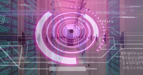 Floating circular interface overlay in data center aisle, with server racks, LEDs, numeric data